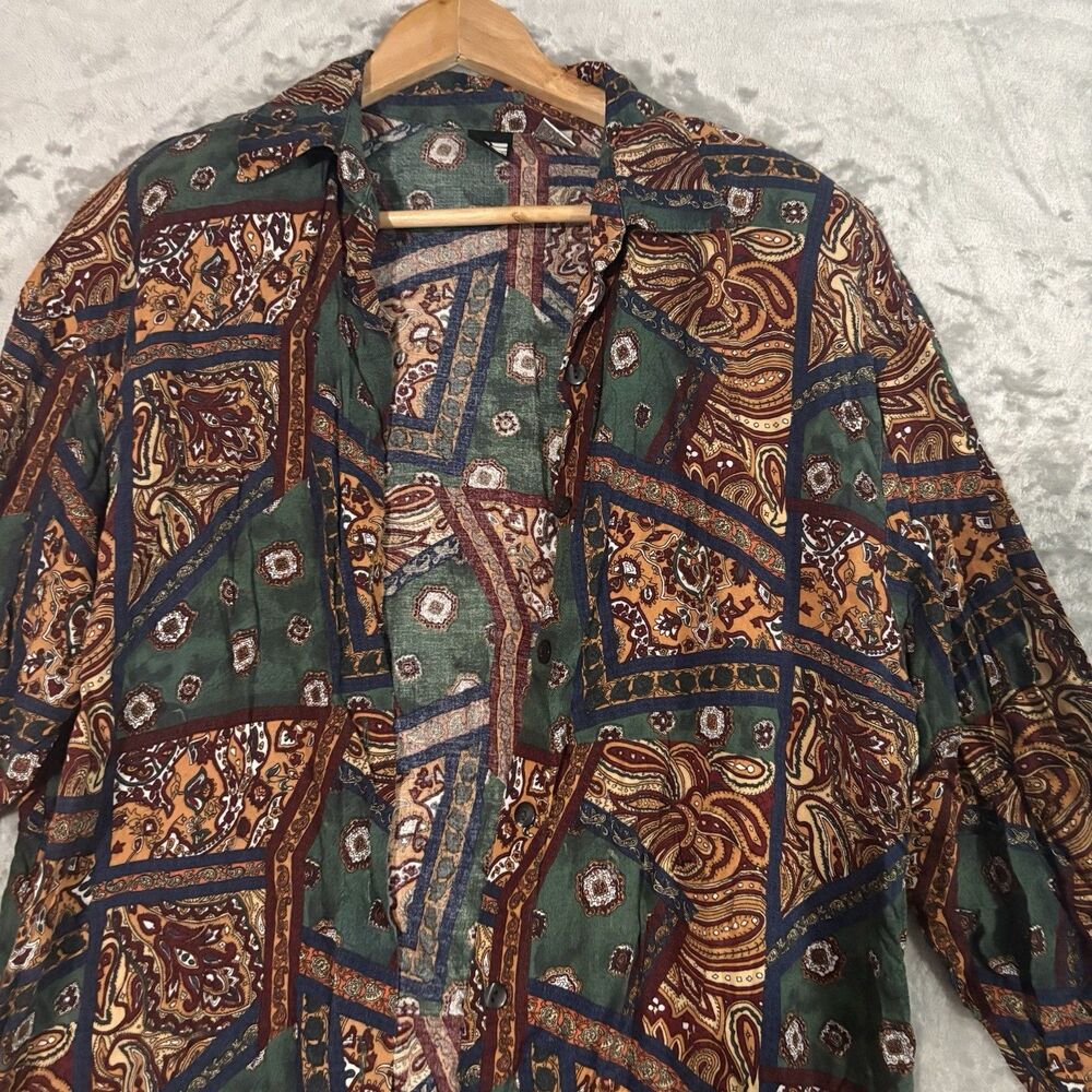Basic Editions Button Up L Gold Paisley Rayon Long Sleeve Retro Boho Grunge